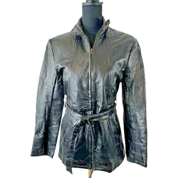 Vintage Navarre Genuine Leather Patchwork Black Belted Trench‎ Coat Womens Med - Picture 3 of 6